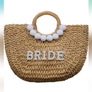 PureRejuva Bride Beach Bag – Handwoven Straw - Rhinestone & Pearl Letters – NWT